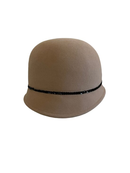 Louise Green Tan Wool Cloche Hat With Black Sequin Bow & Trim Deadstock main image 7